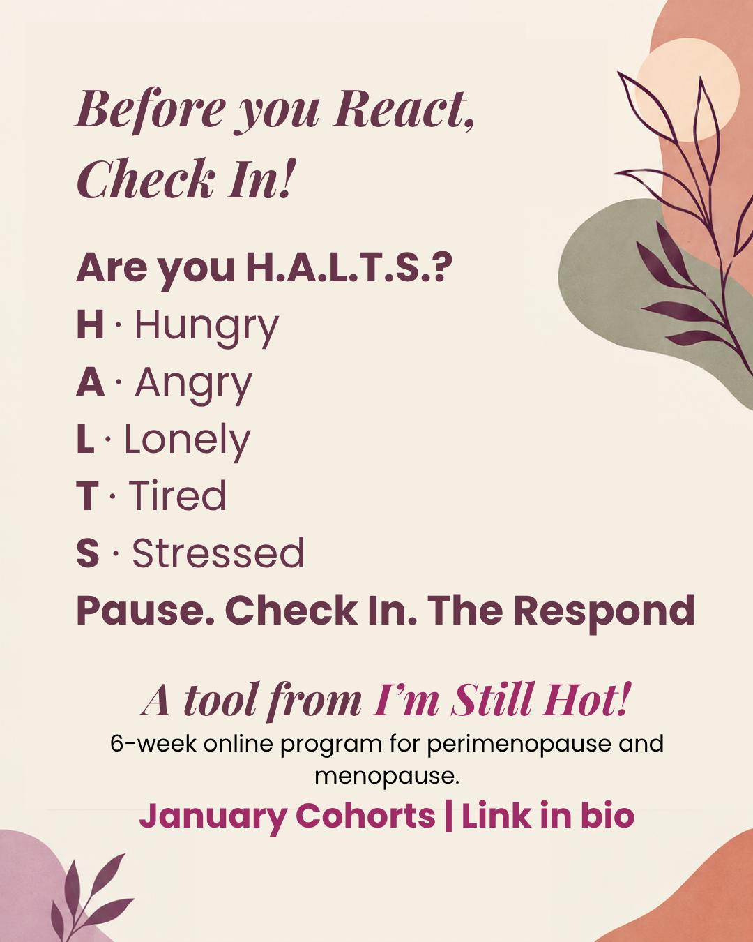 Before you react to anything today, ask yourself: Am I H.A.L.T.S.?
→ Hungry
→ Angry
→ Lonely
→ Tired
→ Stressed
Half of what feels like “I’m losing it” is an unmet basic need. This is one of the tools we use in Week 2 of “I’m Still Hot!”, my six-week online group for women in perimenopause and menopause.
Registration for January cohorts is open. Link in bio.
Which letter is loudest for you today?
#ImStillHot #Perimenopause #Menopause #HALTS #WomensHealth #MidlifeWomen #MentalHealth #MenopauseAwarenessMonth